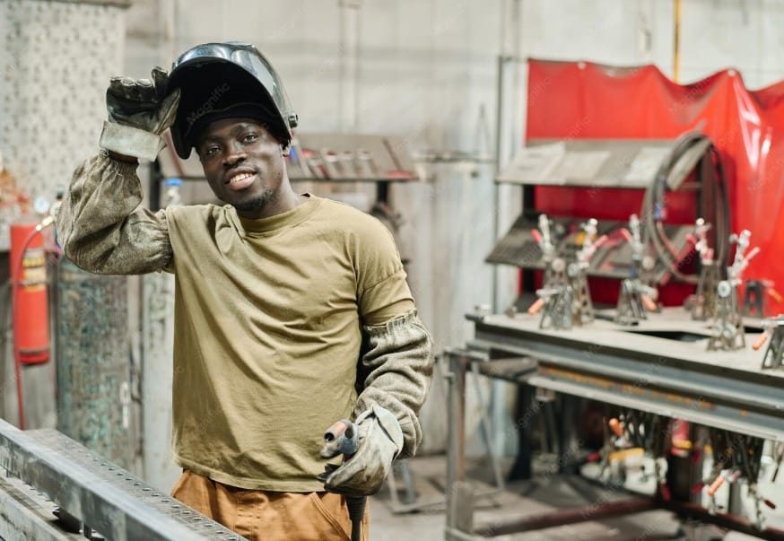 Jua Kali artisan welding metal in a workshop